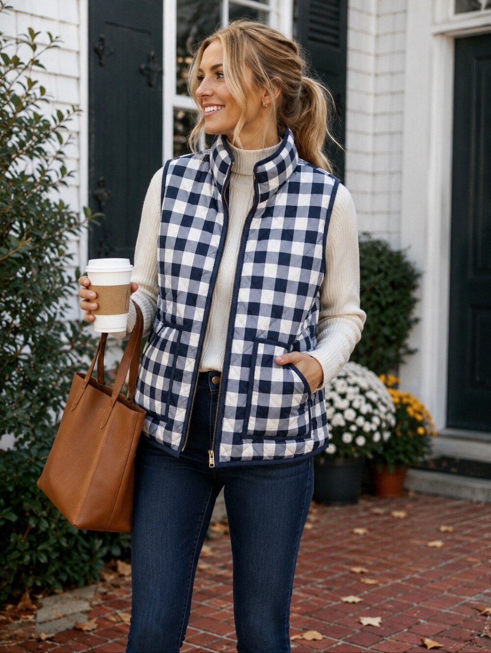 J.Crew Women’s Small Navy White Buffalo Plaid Quilted Puffer Vest Never Worn